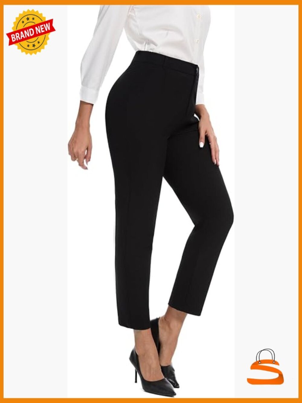 High Waisted Straight Leg Dress Pants with Pockets Stretch Fabric Work Trousers